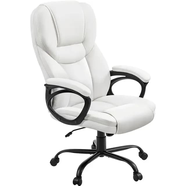 Yaheetech Silla de Oficina de Piel Sintética con Respaldo Alto Ergonómico Soporte Lumbar Altura Ajustable Silla de Escritorio Base de Metal Resistente Blanco