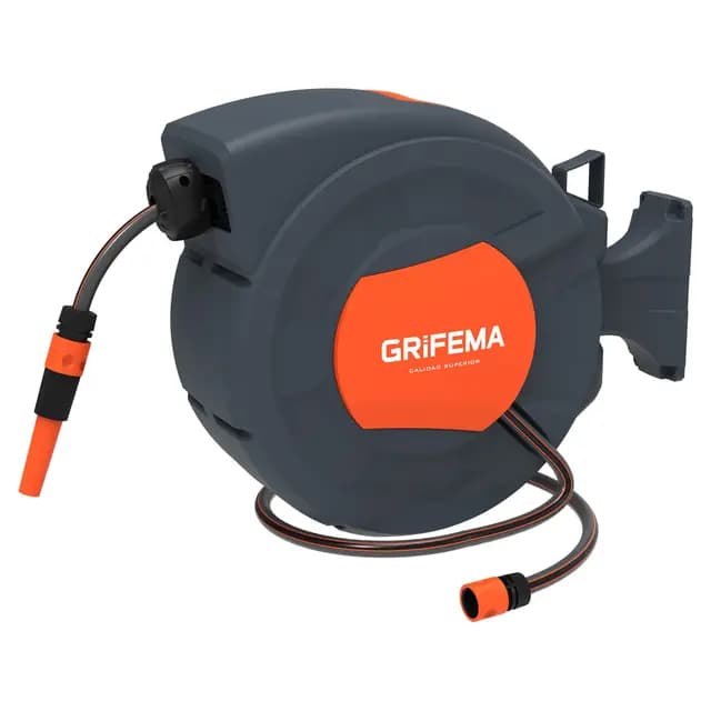 GRIFEMA, G301-25 Carrete de Manguera de Jardín Automático, Enrollador de Manguera de Pared de 25 M con Rotación de 180 grados, con Boquilla Ajustable, Gris [Exclusivo en Amazon]