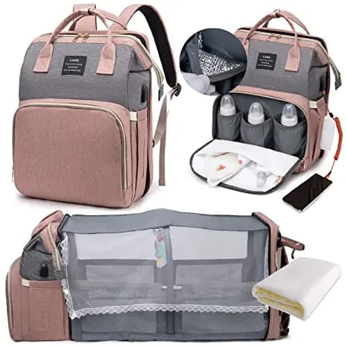 LEcylankEr Mochila para pañales con cuna – Gran mochila con cambiador y bolsa aislante, mosquitera y puerto de carga USB