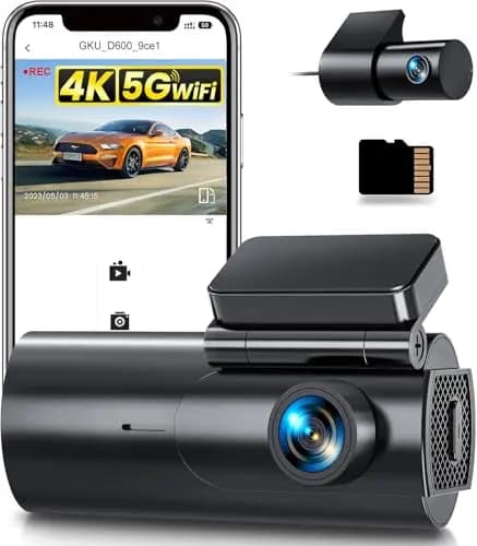 GKU Dashcam Cámara Coche 4K+1080P, 5GHz WiFi Dash CAM Coche con Tarjeta SD de 64GB,Camara Coche Grabadora,170° Gran Angular,Visión Nocturn,WDR,Sensor G,Monitor de Aparcamiento