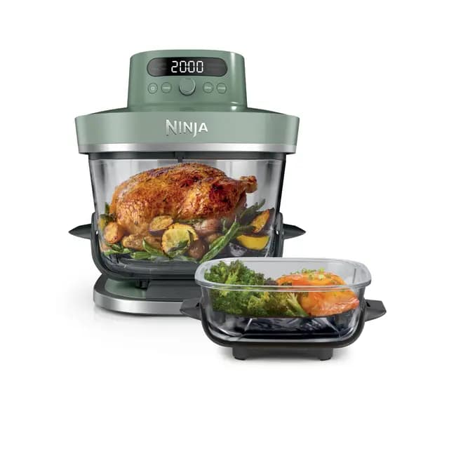 Ninja CRISPi PRO XL Freidora de aire, 5 funciones de cocción predefinidas, recipientes de cocción de cristal CleanCrisp de 5,7 y 2,3 l y tapas para almacenamiento, Verde musgo AS090EUGN