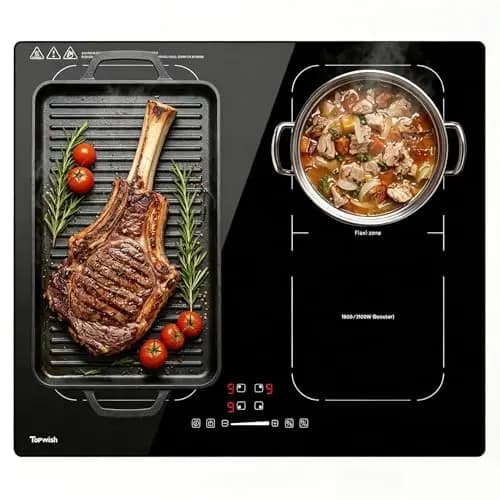 Topwish Plaque Induction 4 Feux, plaque à induction 2 zones flexibles,Table de Cuisson Encastrable 60cm, avec Booster, 9 Niveaux, Minuterie, Sécurité Enfant, Arrêt automatique,Maintien au chaud, 7200W – Imagen 1