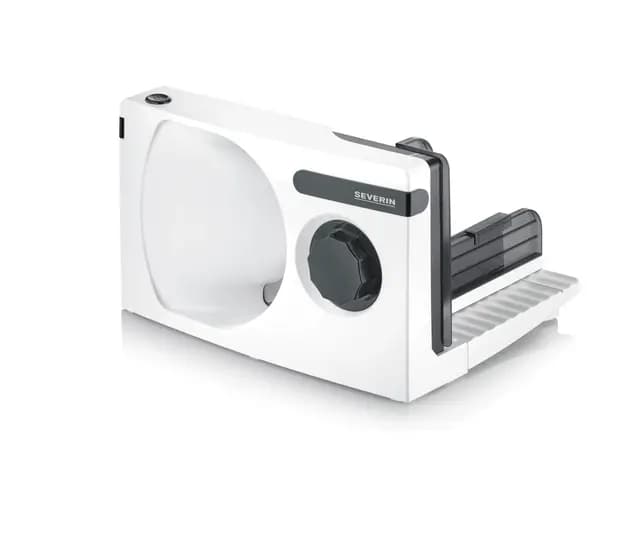 SEVERIN - Cortafiambres eléctrico con corte 0 - 15 mm, cortadora de fiambre apta para carne, pan y queso, máquina para cortar, rebanadora con protector de dedos, Blanco, 100 W, AS 3912