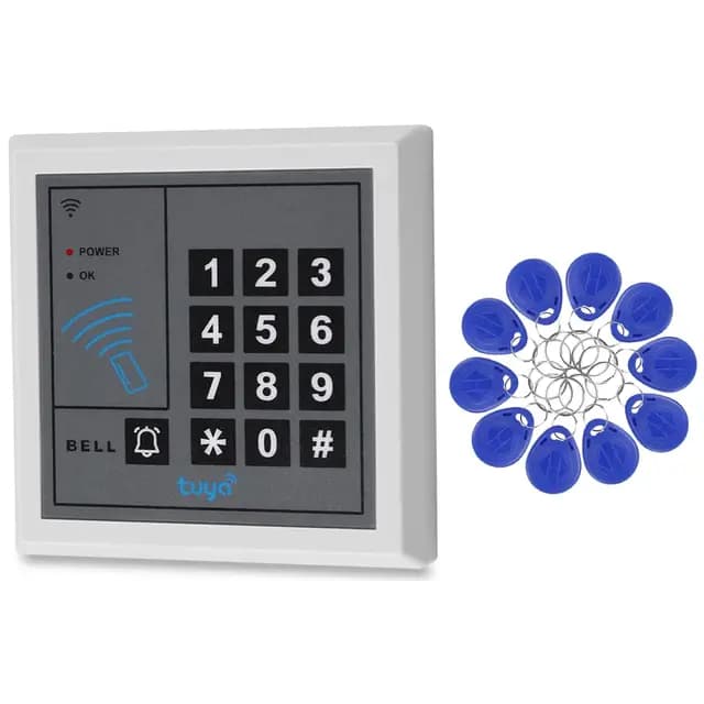 Sistema de Control de Acceso con Teclado. Compatible con la App Tuya y 10 llaveros con identificación de 125 kHz. Ideal para hogares, hoteles y oficinas.