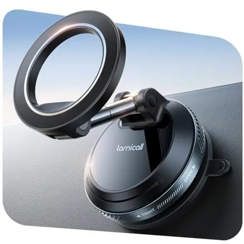 Lamicall Soporte Móvil Coche para MagSafe - [Ventosa de Vacío & Doble Plegado] 360° Rotación, Soporte Magnetico Coche para Salpicadero/Parabrisas, Soporte Coche para iPhone 17 16 15 y Otro Smartphone