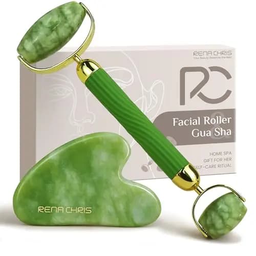 Rena Chris Gua Sha y Rodillo natural de Jade, Guasha Masajeador Facial para Esculpir la Línea de la Mandíbula y Reducir las Hinchazones, Belleza y Cuidado de la Piel