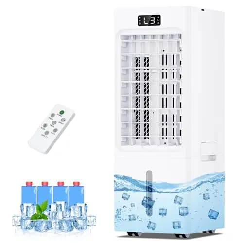 Aire Acondicionado Portatil 4 en 1, Enfriador de Aire con 6L Tanque, 3 Modos 3 Velocidades, 60°Oscilación, Temporizador de 1-12 H, con Ruedas, Control Remoto, 4 Packs de Hielo, Portátil, Silencioso