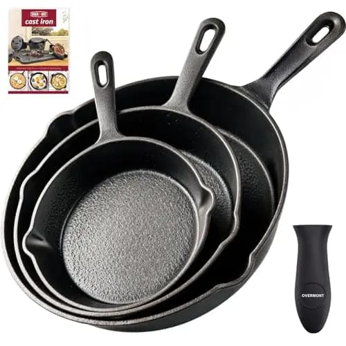 OVERMONT Sartén Ollas de Hierro Fundido - Pre-sazonado Sartenes Engrasada para Freír - Utensilios de Cocina Seguros para Estufa Barbacoa Fogata - Varios Tamaños - Negro