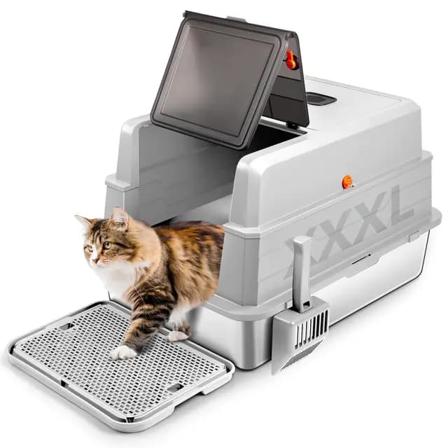 Extra grande arenero acero inoxidable con tapa, 71 x 51 x 43CM XXXL arenero gatos cubierto metálico cerrado con pala y pedal, control de olores, fácil de limpiar para gatos grandes o múltiples