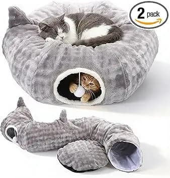 Tunel para Gatos, Túnel de Juego y Cama Gato 2 en 1 con Juguetes Colgantes, Cat Tunnel con 2 Entradas, Cojín Circular Lavable, Túnel para Gatos Plegable para Gatitos/Cachorros/Conejos