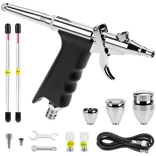 QWORK® Kit de Pistola de aerógrafo Profesional - Boquillas Regular 0,3 mm 0,5 mm 0,8 mm - Vaso de Pintura 2 CC 5 CC 13 CC - Longitud de la Manguera 1,8 m