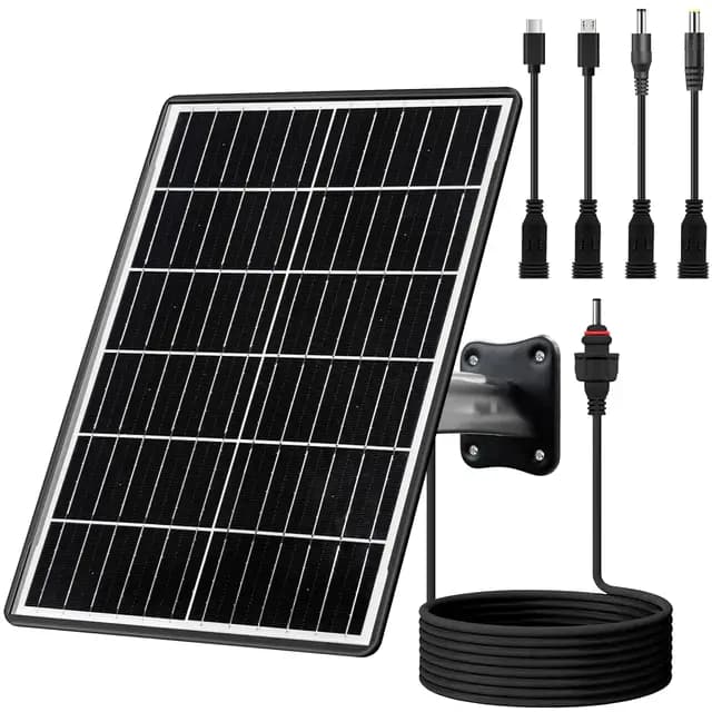 Kit de panel solar de 15 W con batería integrada de 16000 mAh. Voltaje: 5 V/6 V/9 V/12 V. Corriente: 1,5 A. Cuenta con puertos USB-C, Micro-USB y CC de 2,1/1,7/1,35 mm. Compatible con todas las