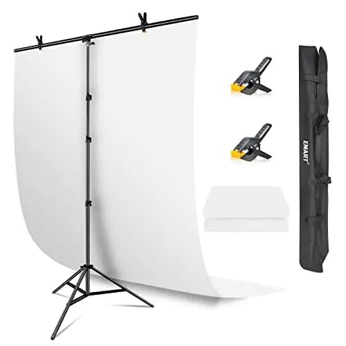 EMART Fondo Blanco con Soporte de 1,5 x 2,6 m, Sistema de Telón en Forma de T para Estudio de Fotografía, Sesión de Fotos, Grabación de Video