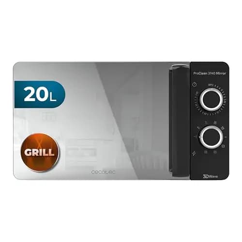 Cecotec Microondas de 20 Litros ProClean 3140 Mirror. 700 W con 6 Niveles, Grill 800W, Revestimiento Ready2Clean para mejor Limpieza, Tecnología 3DWave, Negro con Efecto Espejo