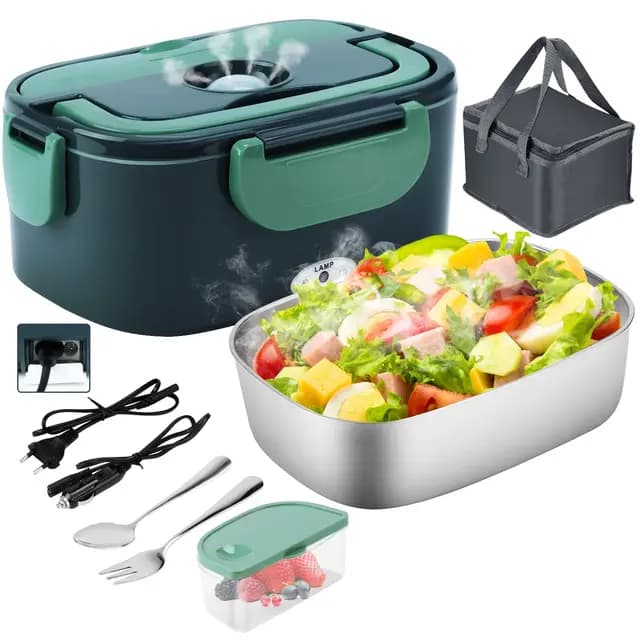 Fiambrera Electrica 4 en 1 12V/24V/220V~240V Calentador de Comida Portatil con Termo para Coche Camión y Trabajo 1.5L 60W en Acero Inoxidable con Tartera Bolsa Térmica y Juego de Cubiertos
