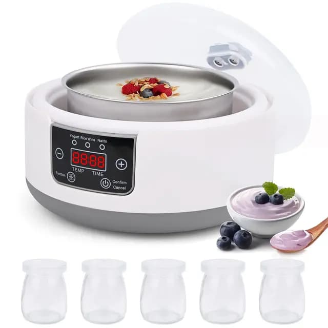 Euakee Yogurtera, Yogurtera Eléctricacon con 5 tarros de 100 ml de Capacidad, Termostato Regulable y Pantalla Digital, Ideales para la Preparación Casera de Yogur y Natto