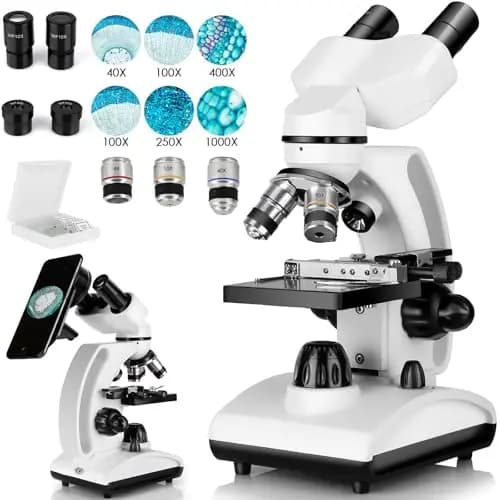 Microscopio Binocular(40X-1000X)Etapa Mecánica de Doble Capa, Soporte de Teléfono Móvil para Uso en Laboratorio para Compartir Investigaciones y Adecuado para Adolescentes, Estudiantes Universitarios