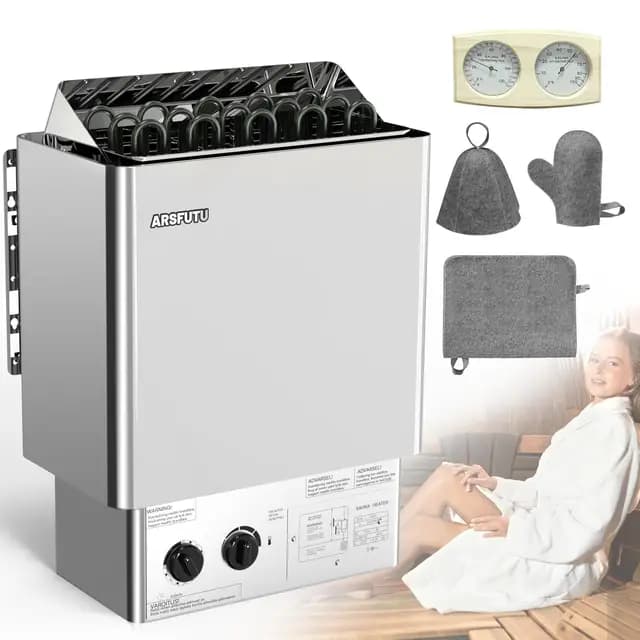 Calentador de sauna eléctrico de 9 kW, 220 V, calentador de sauna de vapor seco, estufa de sauna con temporizador de 3 horas con termómetro, juego de sombrero de sauna para 310-460 pies