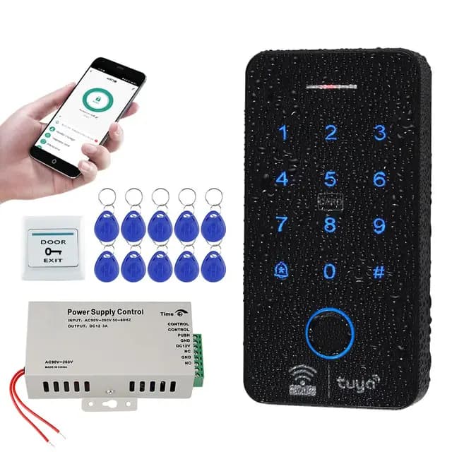 WiFi Tuya Sistema de Control de Acceso de IP68 Biometría Teclado RFID Huellas Digitales 125KHz 13.56MHz + Fuente de Alimentación DC12V + 10 llaveros RFID, Sin Cerraduras Eléctricas