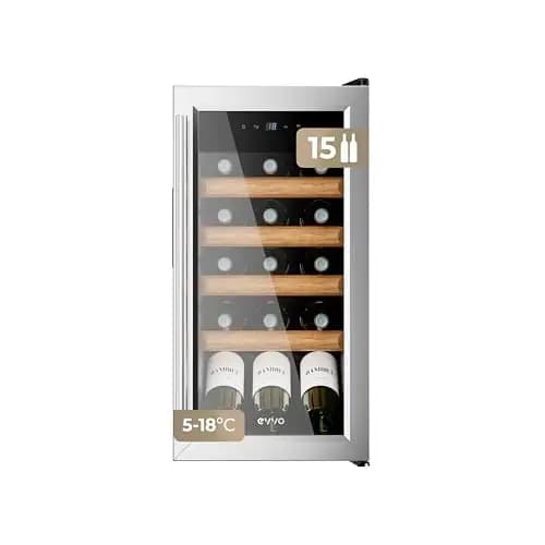 EVVO Vinoteca VT15 Inox – Enfriador de Botellas de Vino 15 Botellas, Vinoteca Pequeña Inox, Nevera para Vinos Silenciosa, Mini Nevera Tipo Minibar y Botellero Vertical