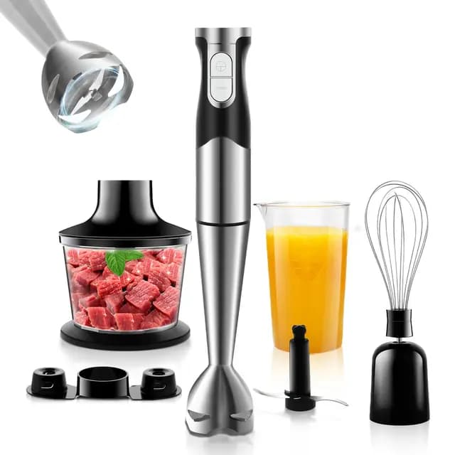 Batidora de Mano 6 en 1 Multifunción 1200W Batidora de Mano Eléctrica Velocidad Regulable en Acero Inoxidable con Función Antisalpicaduras para Carne Verduras etc Accesorios Incluidos