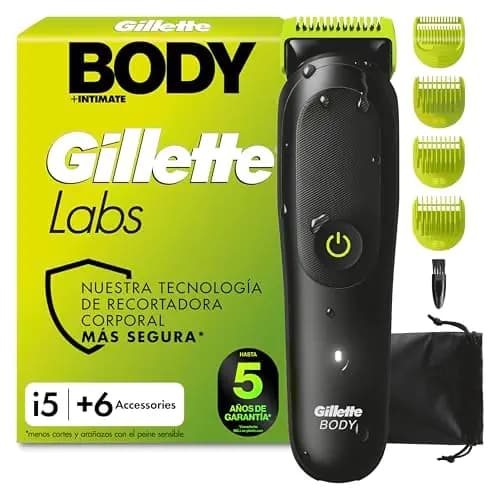 GilletteLabs i5 Body + Intimate Afeitadora Corporal con 4 Peines Y Funda, Negro/Verde - Depiladora Corporal Hombre Impermeable, Tecnología Skinfirst, Recargable, Rasura el Cuerpo Y Zona íntima
