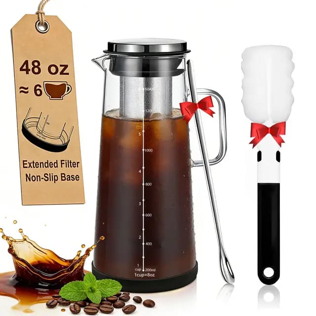 Cafetera Cold Brew de 1,4 L / 48 oz Con Mango, Filtro de Acero Inoxidable Extendido Para Extracción Profunda, Jarra de Té Helado Con Base Antideslizante, Incluye Cepillo de Limpieza Y – Imagen 1