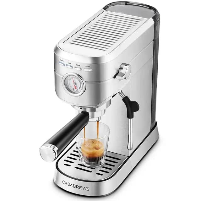 CASABREWS Cafetera Expresso y Capuccino, 20 Bares Café Expreso Manual con Manómetro, Barista Cafetera Cafe Molido, Depósito Extraíble de 1L, Portafiltros con Doble Salida y 2 Filtros, 1350W, Inox