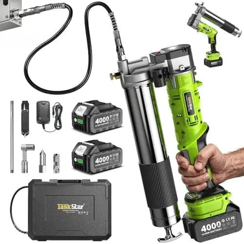 TaskStar Engrasadora 2 en 1 con 2* Baterías de 4000 mAh, [Mucho más Fácil de Usar] Engrasadora a Batería con Adaptador de Acoplador de Pistola de Engrasar de 90 Grados, y Luz LED Brillante