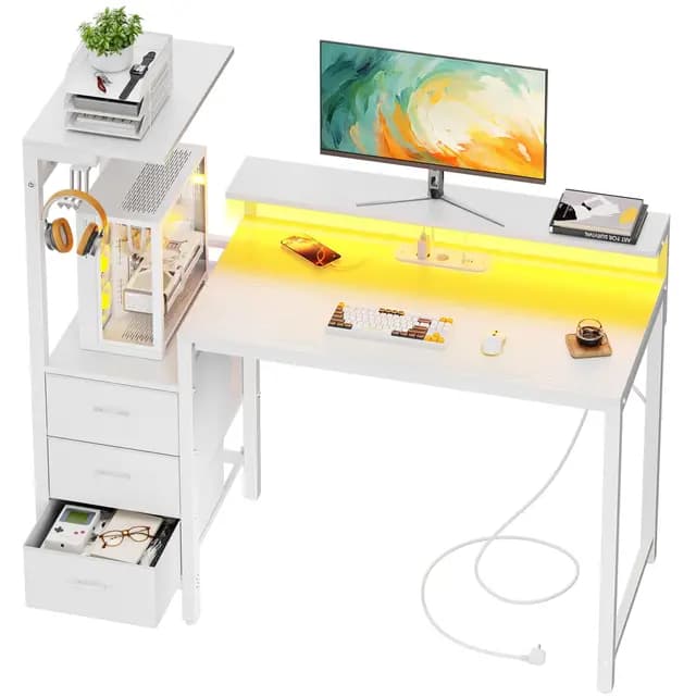 SOLAVERO Escritorio Gaming con LED y Enchufe Integrado, 112cm Mesa Gaming Reversible con Estanteria & Cajones de Tela, Mesa Ordenador con Soporte para Monitor y Gancho para Auriculares, Blanco
