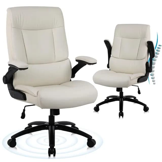 Youhauchair Silla Escritorio, Silla Oficina de 200 kg para Personas Pesadas, Silla Ergonomica Escritorio con Reposabrazos Abatibles, Sillas Escritorio de Cuero PU, Respaldo Alto, Beige