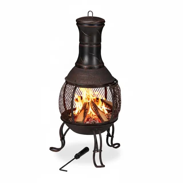 Relaxdays Chimenea Jardín, Estufa Leña, Brasero Exterior, Protección Antichispas, Terraza, Altura 89 cm, Rojo y Bronce