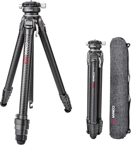 COMAN Zero Y Trípode de cámara Tripod Carbon Fibre con Cabeza esférica panorámica de 360° y trípode de vídeo Arca Swiss para Todas Las cámaras DSRL, Columna Central cargable hasta 18kg