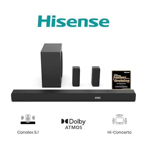 Hisense AX5100Q - Barra de Sonido 5.1, 580W, 8 Altavoces, Subwoofer y Altavoces Traseros Semi-Inalámbricos, Dolby Atmos, Hi-Concerto, HDMI eARC, Bluetooth 5.3, Ez Play