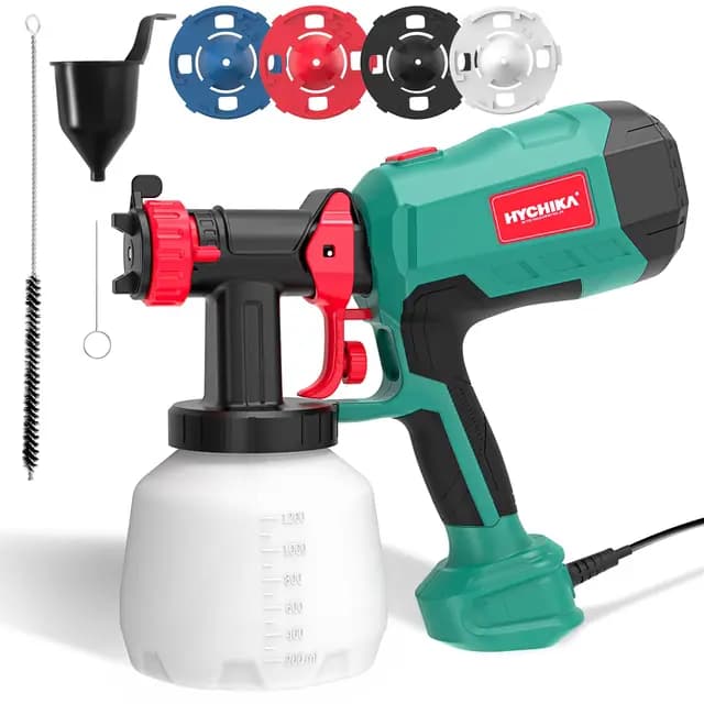 HYCHIKA Pistola Pintura, Pistola de Pintura HVLP de 600W, Depósito de 1200ML 4 Boquillas y 2 Herramientas de Limpieza, Pulverizador de Pintura de 3 Patrones para Paredes y Techos, Vallas