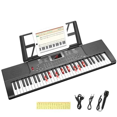 Piano digital electrónico para niños con teclas iluminadas, portátil, de 61 teclas, juguete musical educativo para principiantes con atril y micrófono.(Negro)