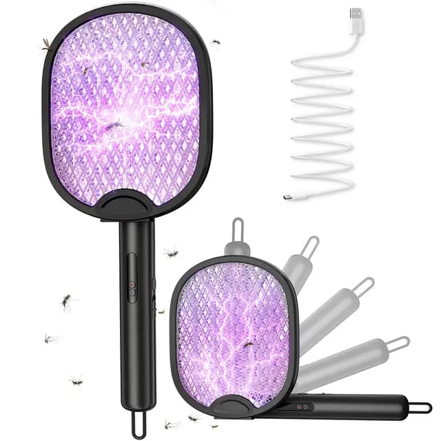 WOCVRYY Raqueta Mosquitos Eléctrica Plegable Negra 3 en 1 Recargable USB 4000V Alta Potencia con Luz UV Matamoscas Portátil para Interior y Exterior Segura para Niños Ideal para Camping y Jardín