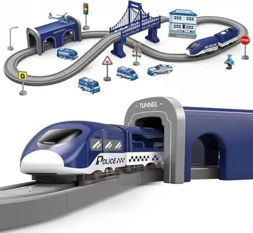 Wdmiya Ferrocarril eléctrico para niños 3 4 5 6 7 8 años, sistema de carril flexible con 66 piezas, vehículos de construcción y nave espacial, juego de carreras creativo para niños y niñas (66