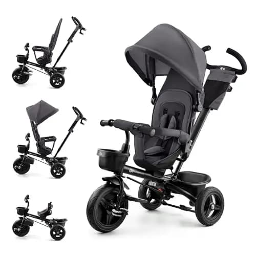 Kinderkraft Aveo Bebé, Plegable, Trike, Bicicleta para Niños, Triciclo Evolutivo, Sin Pedales, Bicicleta Bebe, con Accesorios Práctico, Dos Cestas, 9 Meses a 25 kg, Gris