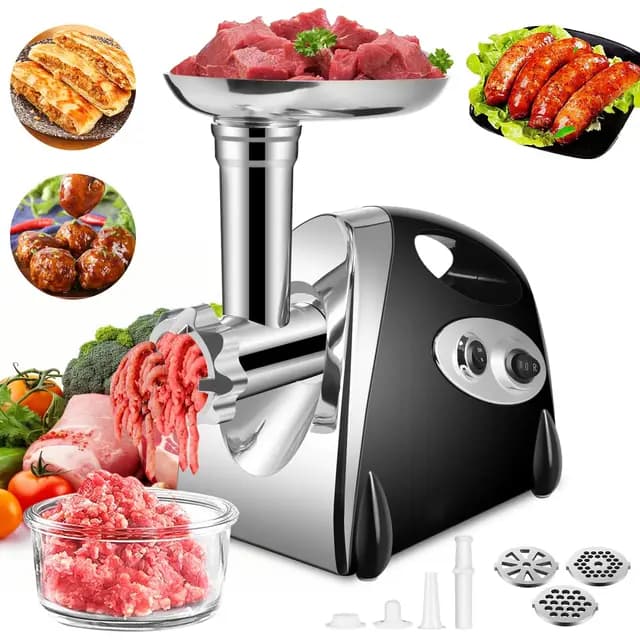 SINZUX Picadora de Carne y Salchichera Eléctrica, 2800 W Enchufe para Picar Carne y Salchichas, Gira Hacia Adelante y Hacia Atrás, con 3 Placas de Corte Diferentes (Negro)