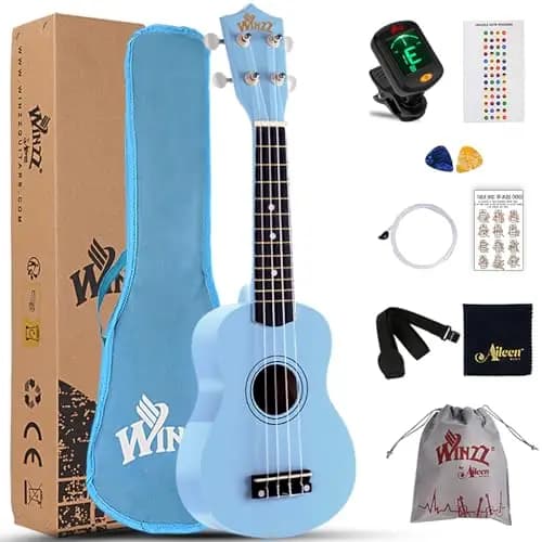 Winzz Ukelele Soprano Starter Kit para Principiante. Incluye: Funda, Afinador, Cuerdas Extra, Correa Ajustable, Púas, Pegatinas de notas, Guía de Acordes y Paño de pulido. Color: Azul