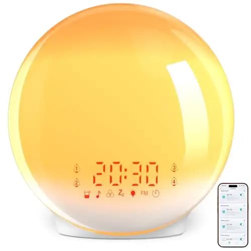 Despertador Luz, Wake Up Light, Despertador con Simulación de Amanecer y Atardecer, App Control, 4 Alarmas, Snooze, Calibración Automática de Hora, Radio FM, 7 Sonidos, 12 Colores