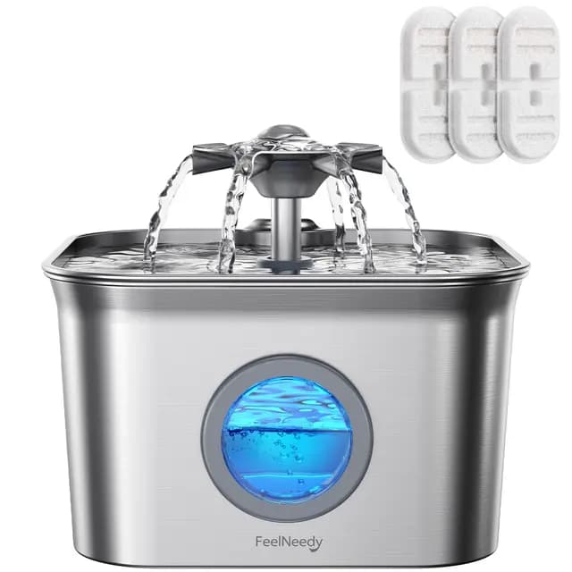 2.8L Fuente para Gatos Acero Inoxidable con 3 Filtros, FEELNEEDY Bebedero Gatos Ultra Silencioso, Filtración de Cuatro Capas, Fácil de Limpiar, Apta para Lavavajillas