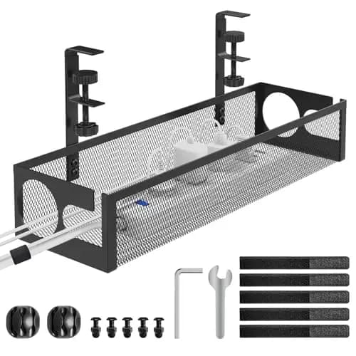 RERLYING Bandeja de Gestión de Cables Debajo del Escritorio sin Perforación, sin Daños en el Escritorio, Bandeja de Cables con Abrazadera, Canalizaciones de Cables Debajo del Escritorio, Negro – Imagen 1