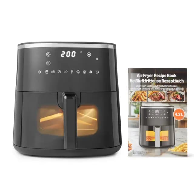 Amazon Basics Freidora de Aire, 4,2L con Ventana de Fácil Visualización, 8 Menús Preestablecidos, 1500W, Color Negro