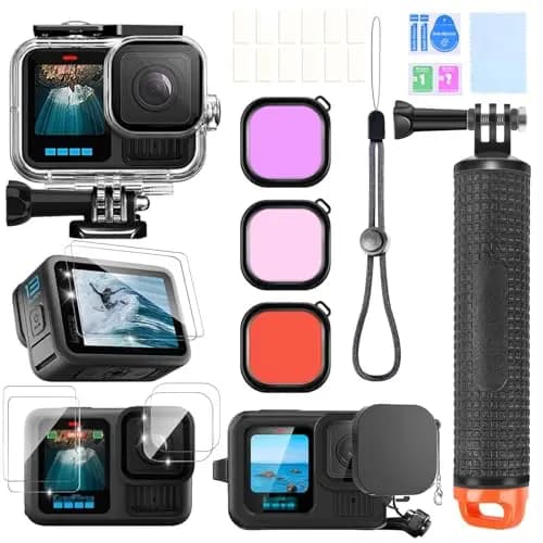 Kit de Accesorios para gopro Hero 13, Carcasa de Buceo a Prueba de Agua, Agarre de Mano Flotante, 2 Juegos de Vidrio Templado, Funda de Silicona, Filtros Rojos, Inserciones antivaho