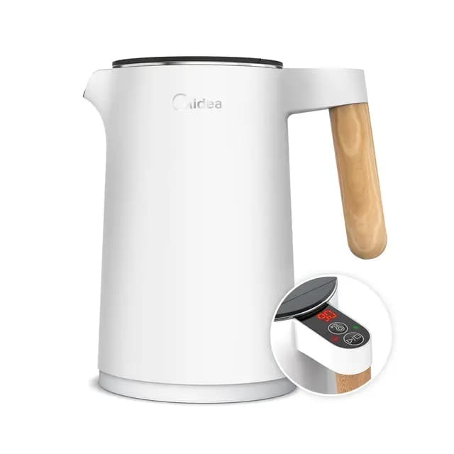 Midea Hervidor de Agua Electrico con Control Temperatura 1,5L, 2200W, Kettle con indicador de temperatura y Asa de Madera, Libre de BPA con Base 360°, Doble Pared, Acero Inoxidable Interno, Blanco