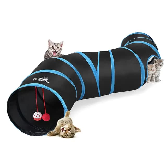 Pawaboo Túnel para Gatitos, Prima S Túnel Extensible Plegable Gato Jugar Túnel Casa del Laberinto del Juguete con Pompón y Campanas para Gato Gatito Cachorro Conejo - Negro y Azul