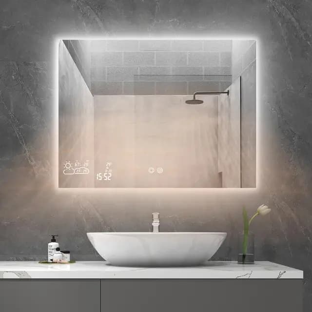 Byecold - Espejo de baño con iluminación LED, 80 x 60 cm, calefacción con estación meteorológica, WiFi, Espejo de baño, calefacción Horizontal con Interruptor táctil