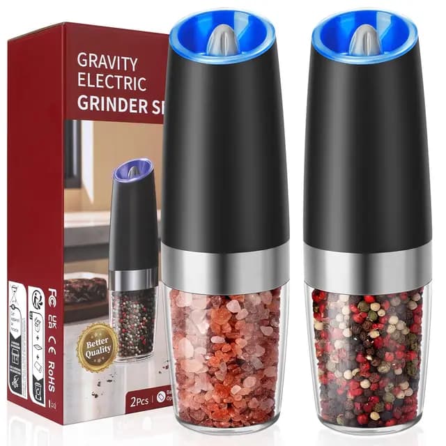 Molinillo Pimienta, Hotec Molinillos Eléctricos de Pimienta y Sal, 9 oz de Alta Capacidad, Funciona con Pilas AAA con Sensor de Gravedad, 6 Niveles de Molienda e Indicador LED,Juego de 2